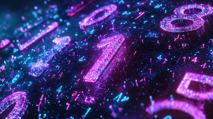 Digital numbers in vibrant colors create mesmerizing display of light and energy, showcasing futuristic and avant garde aesthetic. glowing digits evoke sense of innovation and creativity