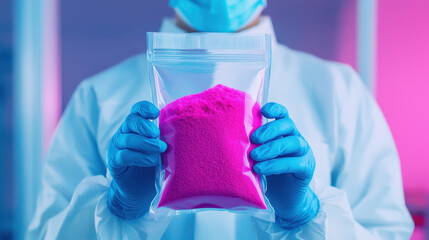 scientist in lab coat and gloves holds transparent bag filled with vibrant pink powder, showcasing innovative packaging design in modern laboratory setting