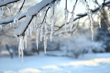 Obraz premium Icicles hang from tree branches