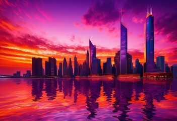 Obraz premium stunning city skyline vibrant sunset reflections creating dynamic visual display colors shapes, architecture, buildings, urban, horizon, lights