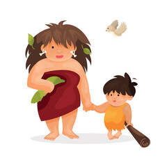 Cavemen isolated on a white background. Mother and child in clothes made of animal skins. Neanderthals with a club. Vector illustration in cartoon funny style