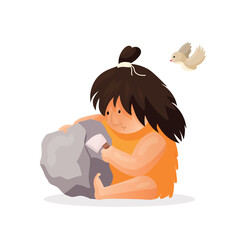 caveman makes something out of stone. A Neanderthal woman or man with an axe is trying to chip a stone. A bird flies nearby. Vector illustration on white background in funny flat cartoon style