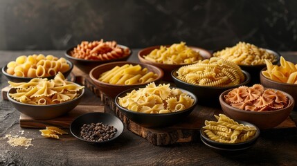 A variety of pasta dishes are displayed on a wooden table