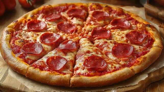 Pizza cl&aacute;sica de pepperoni con una base de queso dorado y crujiente, cubierta con generosas rebanadas de pepperoni. El equilibrio perfecto entre el sabor picante del embutido y la suavidad del queso, 