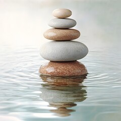 Balanced stone stacks on tranquil water surface reflect