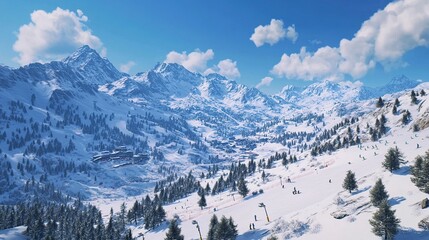 Snowy mountain landscape with ski slopes and trees.