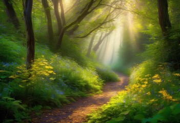 Fototapeta premium vibrant forest pathway enveloped morning mist lush greenery engaging light play through leafy canopy, trees, flora, fog, woodland, scenery, landscape