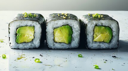 Rollos de sushi vegetarianos rellenos de aguacate fresco, envueltos en nori y arroz. Un plato saludable y ligero ideal para los amantes de los vegetales.