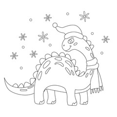 Cute baby dinosaur and snow. Vector hand drawn doodle Christmas illustration, isolated black outline. Great for coloring and Xmas cards.