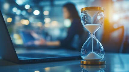 An hourglass sits on a desk beside a laptop, symbolizing the passage of time and productivity.
