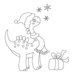 Cute little dinosaur and snowflakes. Vector hand drawn doodle Christmas illustration, isolated black outline. Great for coloring and Xmas cards.
