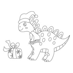 Cute little dinosaur and gift box. Vector hand drawn doodle Christmas illustration, isolated black outline. Great for coloring and Xmas cards.
