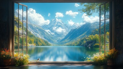Serene mountain view through an open window with vibrant nature.