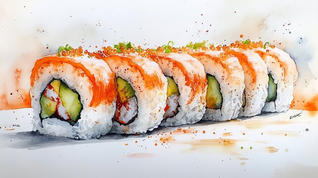 Sushi maki relleno de pepino y aguacate, envuelto en arroz y cubierto con lonchas de salm&oacute;n fresco. Decorado con huevas y un toque de condimento, este plato es fresco y delicioso.