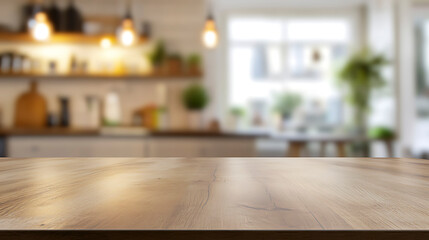 Warm Wooden Tabletop with Softly Blurred Kitchen in a Chic Home Setting