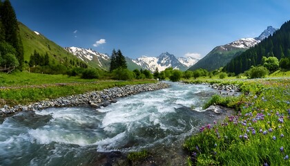 Spring river flows vigorously through mountains, nourished by melting snow and vibrant wildflowers blooming nearby. Generative AI