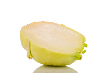 One half of ripe kohlrabi cabbage, macro, isolated on white background.