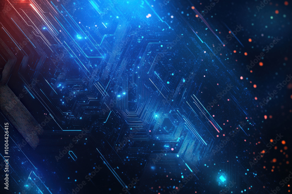 Poster exploring vibrant digital landscapes with glowing circuits and sparkling particles in a futuristic d