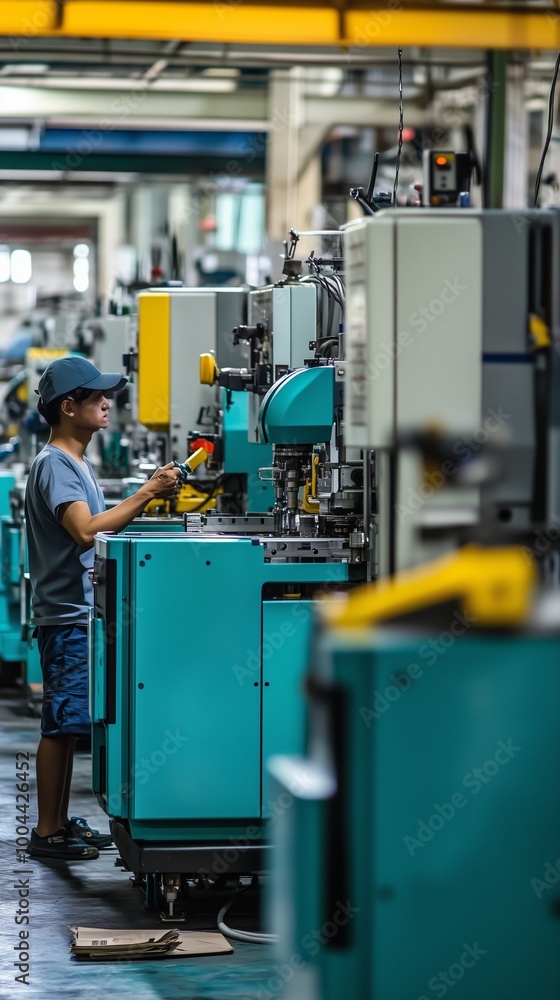 Sticker Worker operating machinery in a factory with blue equipment during daylight hours