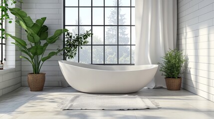 Fototapeta premium White tiled walls and a large bathtub. Sunlight streams in through the windows, casting a relaxing glow and creating a space that’s perfect for relaxing.