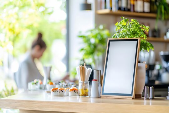 Empty digital menu board in a minimalist sushi bar, Sushi Bar Menu Mock-up, Clean, contemporary dining space