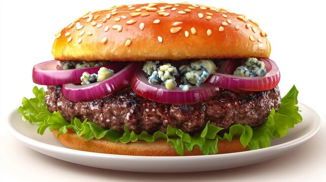 Hamburguesa gourmet con lechuga, cebolla morada y queso azul desmenuzado en un pan de semillas de s&eacute;samo, servida en un plato blanco.