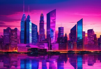 Fototapeta premium stunning vibrant city skyline dusk showcasing reflective glass architecture modern urban aesthetic brilliant colorful light displays, cityscape, buildings