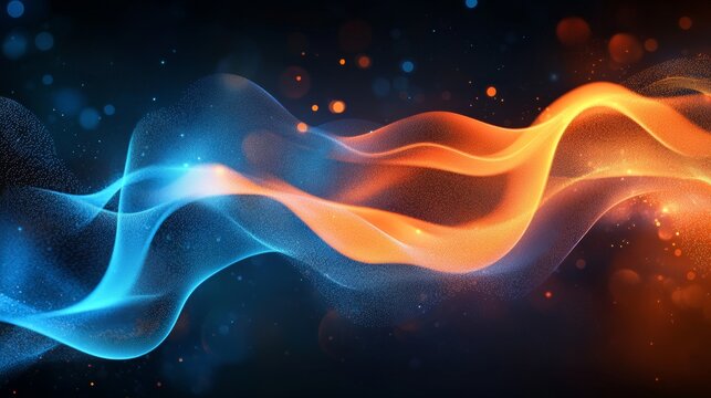 Flujo abstracto de ondas de colores azul y naranja que se entrelazan en un contraste de temperatura sobre un fondo oscuro con puntos de luz.