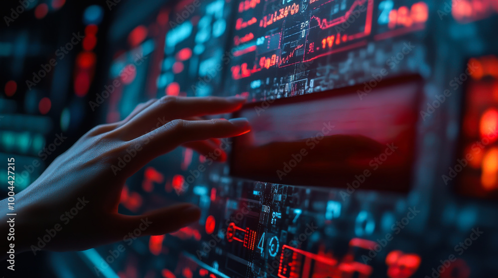 Poster exploring a futuristic touchscreen interface with glowing elements and a hand navigating intricate d
