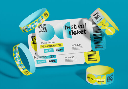 Front View of Tickets and Wristbands Branding Mockup