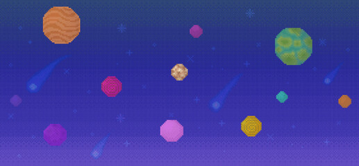 Multiple planets of various colors and textures scattered across a deep blue starry background with comets streaking through space. Ideal for sci-fi, astronomy, education, space themed parties, and