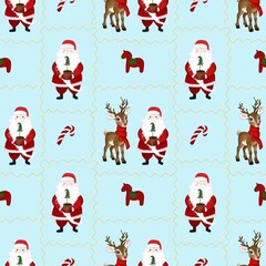 Cute Christmas wallpaper with deer and Santa on light blue background 
