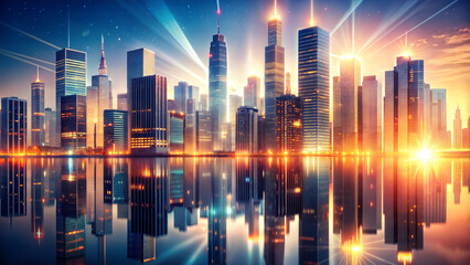 Obraz premium A modern night city with skyscrapers and dynamic lighting is reflected in the smooth surface of the water.