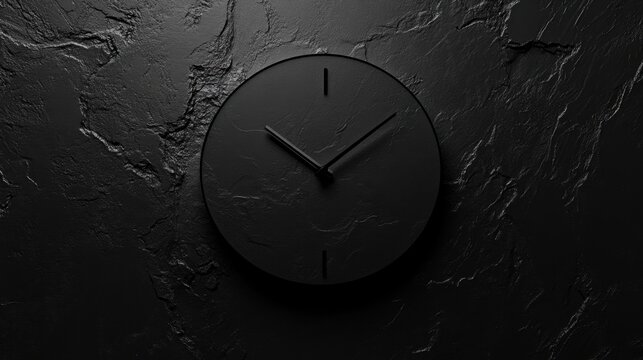 Minimalist black clock with a sleek design, placed on a textured background, emphasizing modern interior trends and simplicity