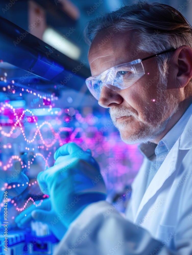 Poster biotech engineer analyzing dna sequence hologram display.
