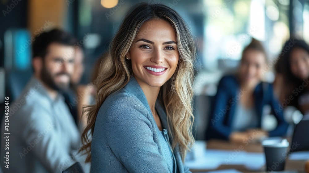 Sticker Smiling Woman in Modern Office Environment