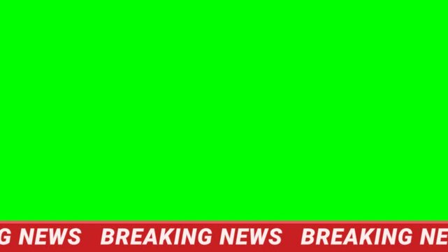 Animation of a red scrolling breaking news banner appearing and disappearing at the bottom left on a green background