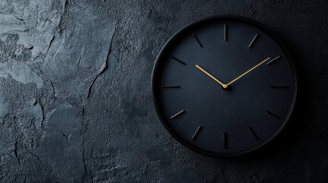 Minimalist black clock with a sleek design, placed on a textured background, emphasizing modern interior trends and simplicity