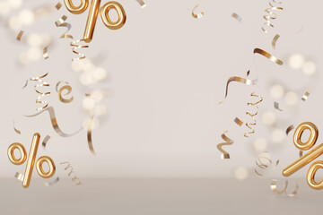 Golden percent signs and curly ribbons floating on beige background, creating festive and celebratory mood. Promotions, discounts, special offers in marketing, advertising. Copy space. 3D render.
