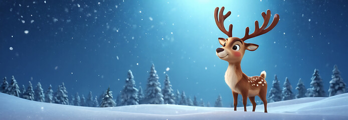 A charming reindeer with a glowing red nose stands in a snowy forest, capturing the magic and wonder of Christmas Eve. Perfect for holiday cards, winter scenes, or festive decorations.