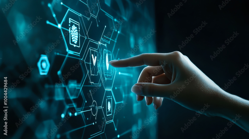 Poster a person interacting with a digital health interface featuring various health metrics and data visua