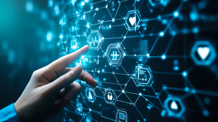 A person interacting with a digital health interface featuring various health metrics and data visualizations in a futuristic setting