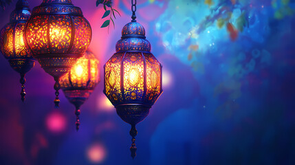 Islamic background - majestic arabian nights with ornate lanterns and mystical glows. Arabian Nights. Illustration