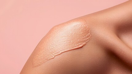 Fototapeta premium Closeup Skin with Peach Tone Lotion on Pink Background