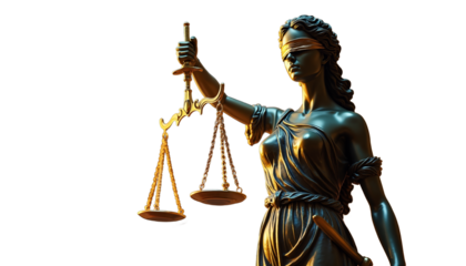 Statue of Lady Justice, Symbol of Law and Justice, Goddess Themis, Fairness and Legal Concepts on Transparent Background PNG