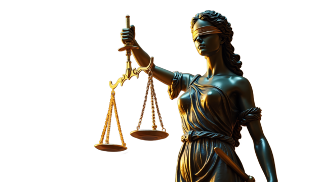 Statue of Lady Justice, Symbol of Law and Justice, Goddess Themis, Fairness and Legal Concepts on Transparent Background PNG
