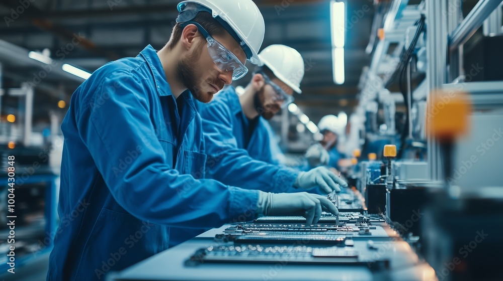 Poster skilled workers assembling electronic components in a modern factory setting during daylight hours