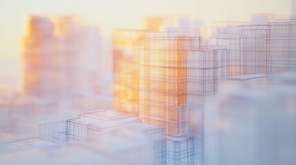 A blurred architectural rendering of modern skyscrapers illuminated by soft light.