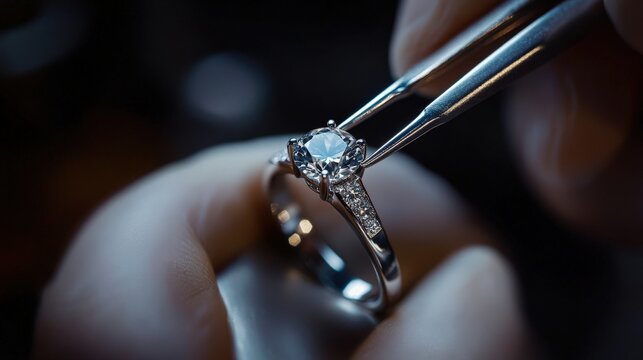 With precision and skill, a jeweler is setting a shimmering gemstone into a beautifully crafted ring in a well-lit workshop, demonstrating expert craftsmanship