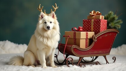 Fluffy white dog with reindeer antlers sitting happily next to Santa's sleigh filled with Christmas presents against dark background